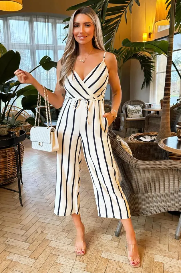 AX Paris Cream And Navy Striped Wrap Top Tie Waist Jumpsuit Women Jumpsuits And Playsuits AX Paris Cream And Navy Striped Wrap Top Tie Waist Jumpsuit Women Jumpsuits And Playsuits