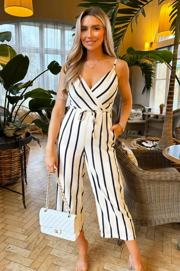 AX Paris Cream And Navy Striped Wrap Top Tie Waist Jumpsuit Women Jumpsuits And Playsuits