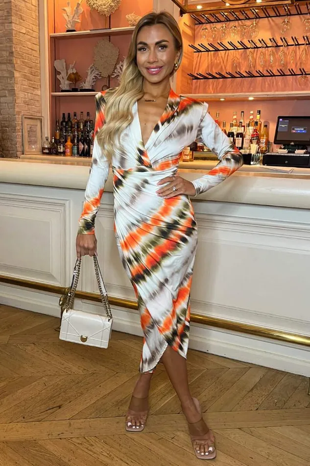 AX Paris Cream And Orange Abstract Print Long Sleeve Wrap Midi Dress Women Dresses AX Paris Cream And Orange Abstract Print Long Sleeve Wrap Midi Dress Women Dresses