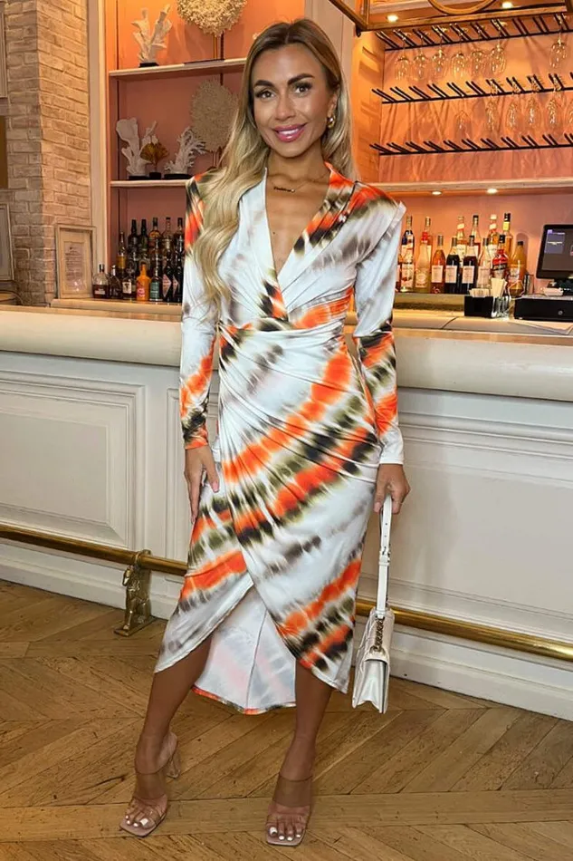 AX Paris Cream And Orange Abstract Print Long Sleeve Wrap Midi Dress Women Dresses