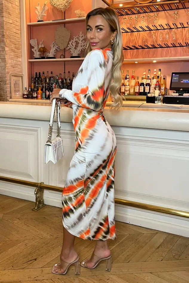 AX Paris Cream And Orange Abstract Print Long Sleeve Wrap Midi Dress Women Dresses