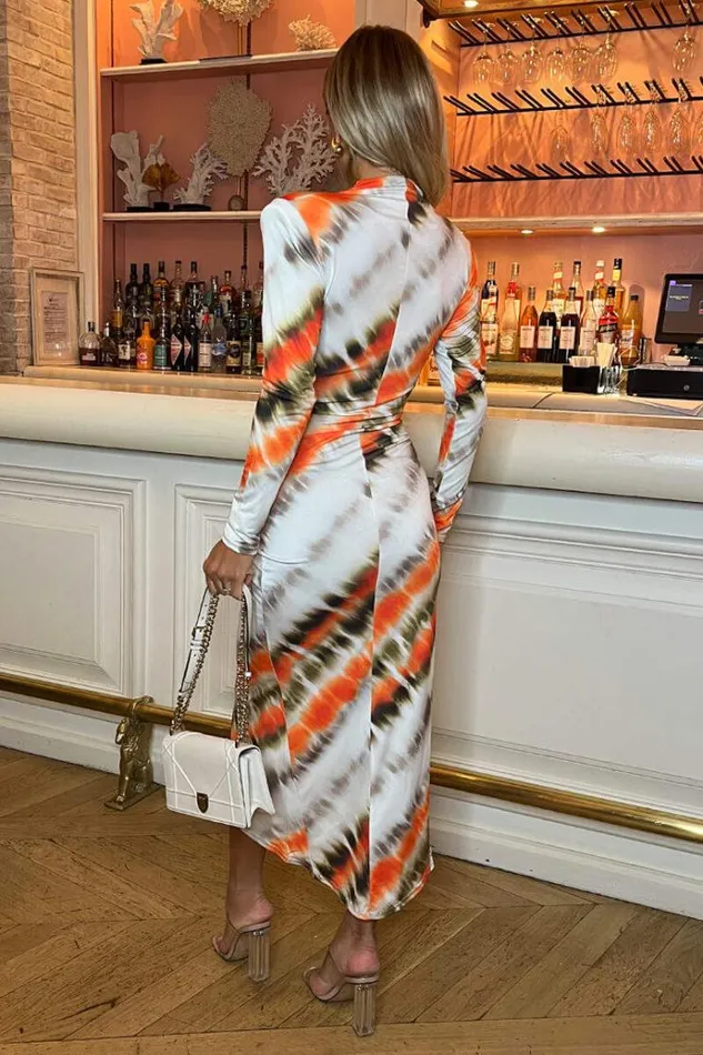 AX Paris Cream And Orange Abstract Print Long Sleeve Wrap Midi Dress Women Dresses