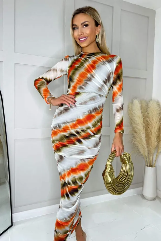 AX Paris Cream And Orange Abstract Print Mesh Long Sleeve Bodycon Midi Dress Women Dresses