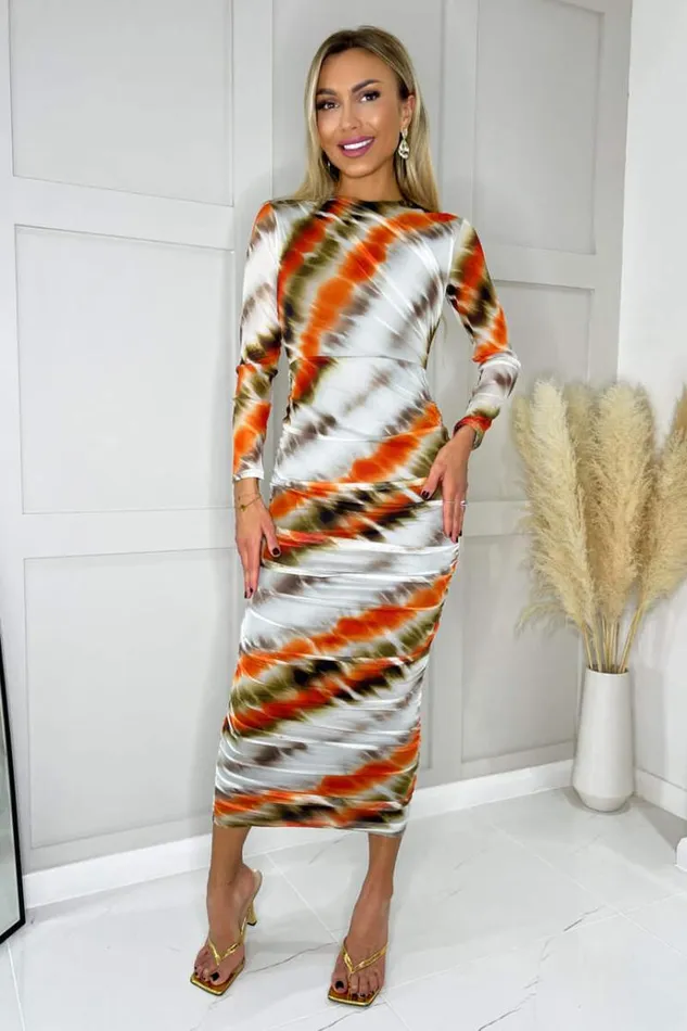 AX Paris Cream And Orange Abstract Print Mesh Long Sleeve Bodycon Midi Dress Women Dresses