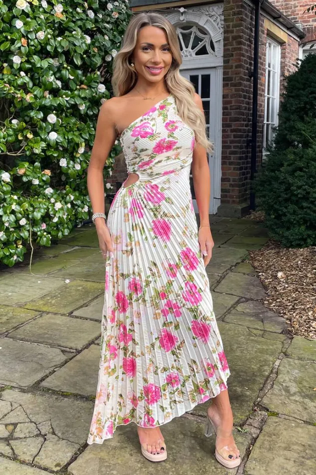 AX Paris Cream And Pink Floral Print One Shoulder Pleated Satin Midi Dress Women Dresses AX Paris Cream And Pink Floral Print One Shoulder Pleated Satin Midi Dress Women Dresses