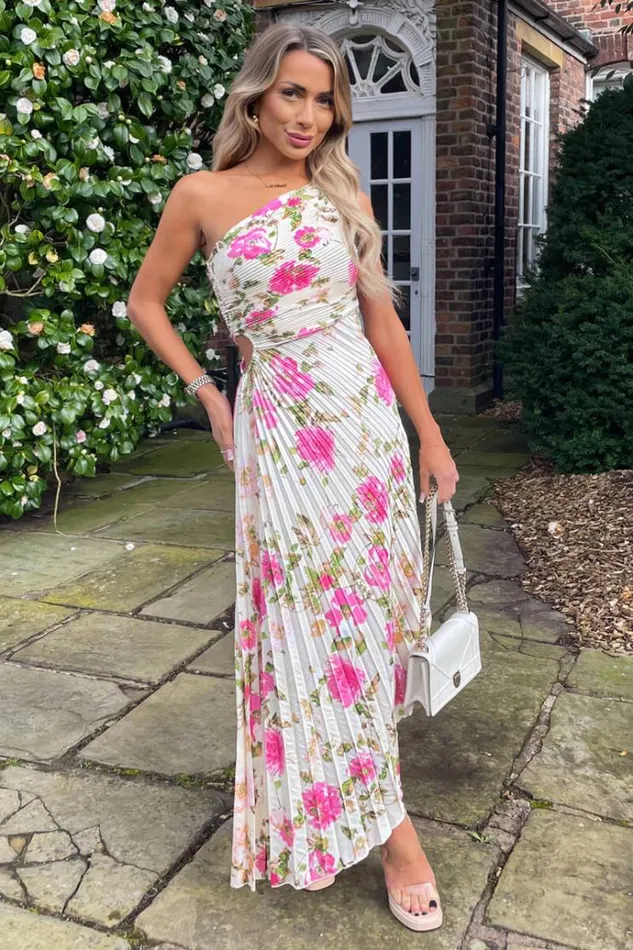 AX Paris Cream And Pink Floral Print One Shoulder Pleated Satin Midi Dress Women Dresses
