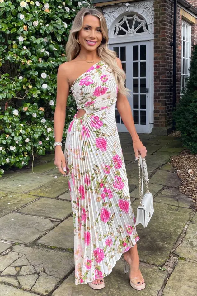 AX Paris Cream And Pink Floral Print One Shoulder Pleated Satin Midi Dress Women Dresses