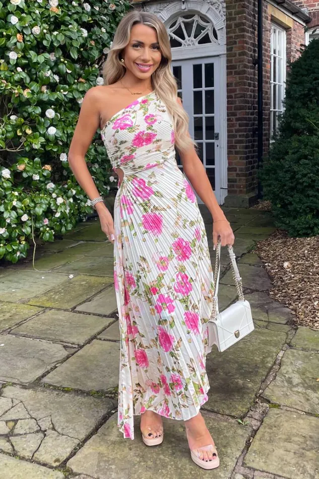 AX Paris Cream And Pink Floral Print One Shoulder Pleated Satin Midi Dress Women Dresses