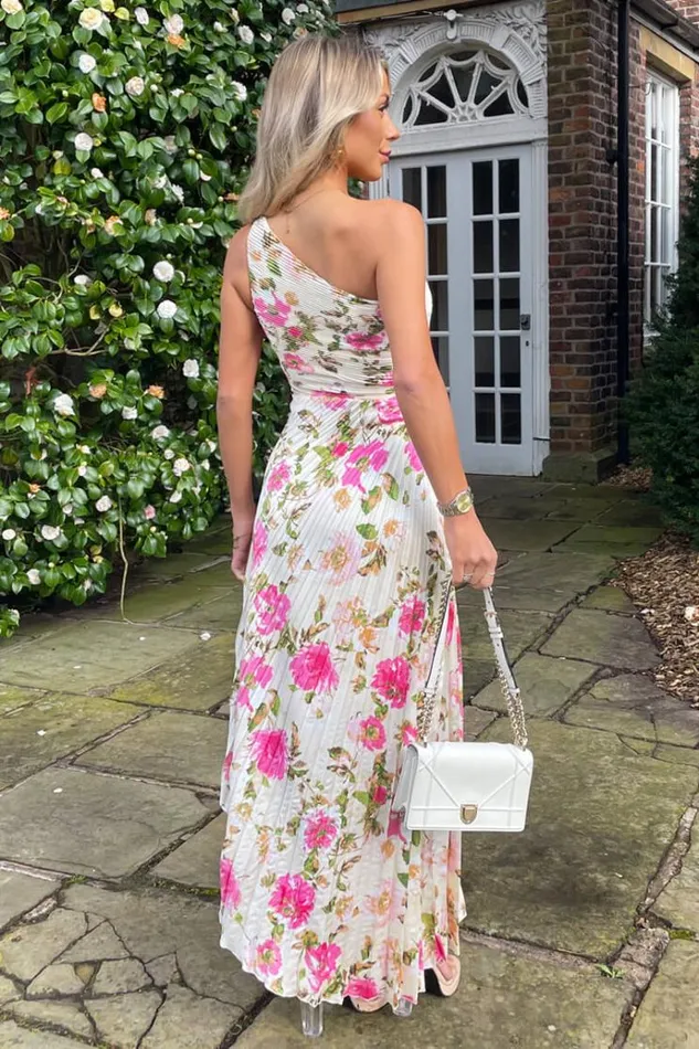AX Paris Cream And Pink Floral Print One Shoulder Pleated Satin Midi Dress Women Dresses