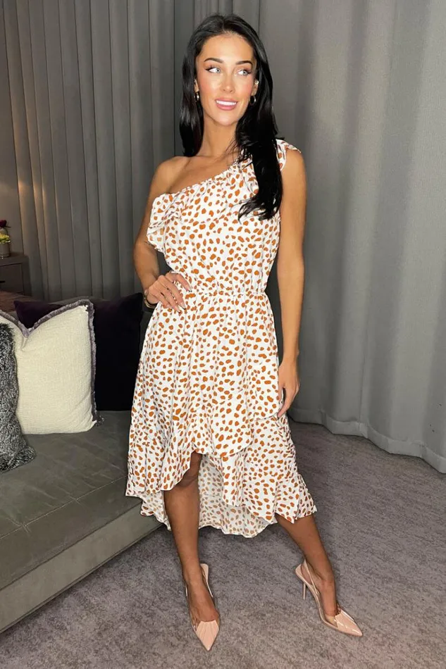 AX Paris Cream And Tan Print One Shoulder Frill Detail Dipped Hem Dress Women Dresses AX Paris Cream And Tan Print One Shoulder Frill Detail Dipped Hem Dress Women Dresses