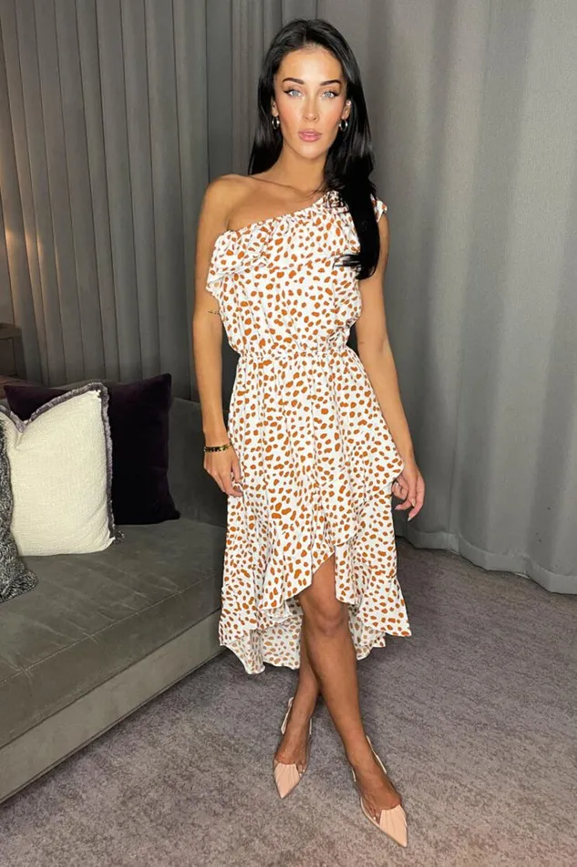 AX Paris Cream And Tan Print One Shoulder Frill Detail Dipped Hem Dress Women Dresses