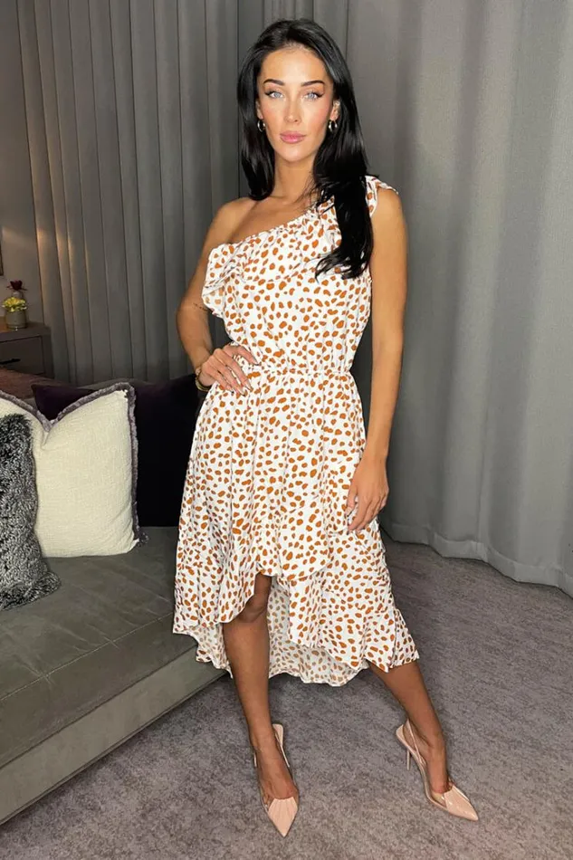 AX Paris Cream And Tan Print One Shoulder Frill Detail Dipped Hem Dress Women Dresses