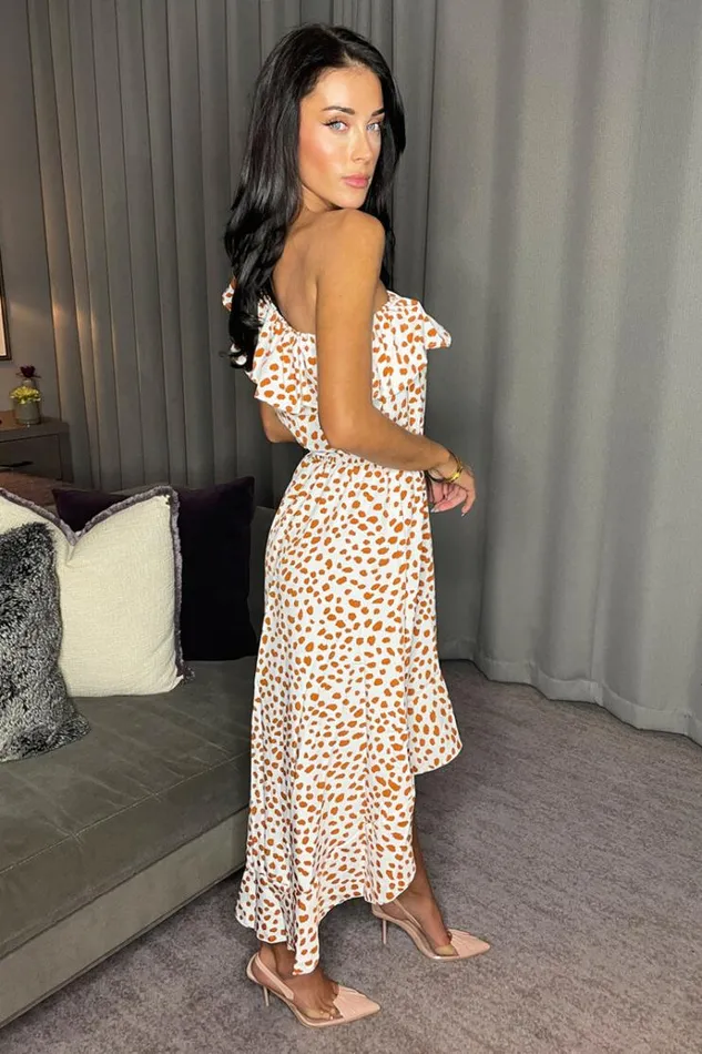 AX Paris Cream And Tan Print One Shoulder Frill Detail Dipped Hem Dress Women Dresses