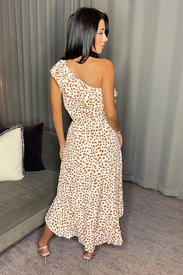 AX Paris Cream And Tan Print One Shoulder Frill Detail Dipped Hem Dress Women Dresses