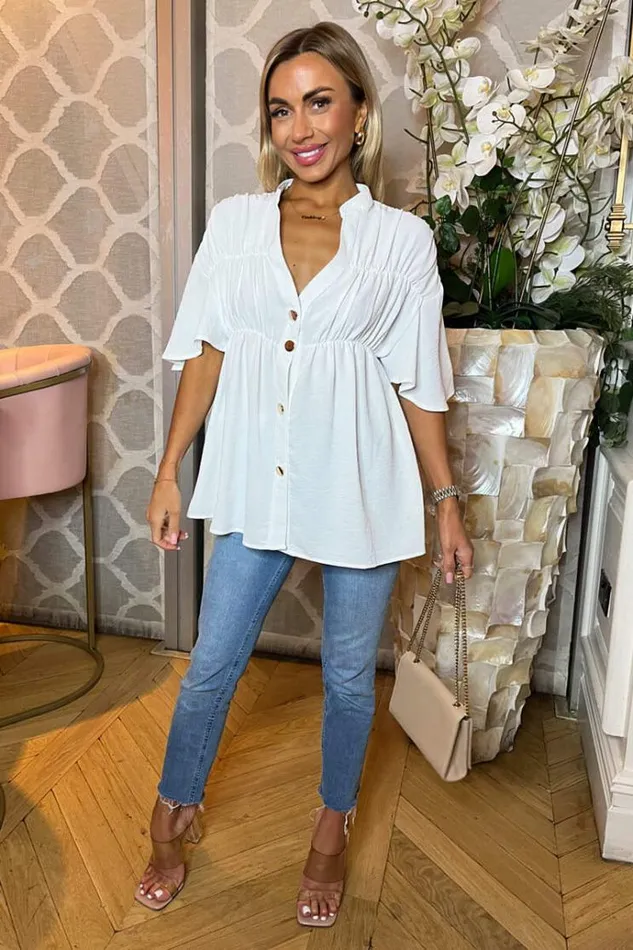 AX Paris Cream Button Up Ruched Detail Smock VNeck Top Women Tops