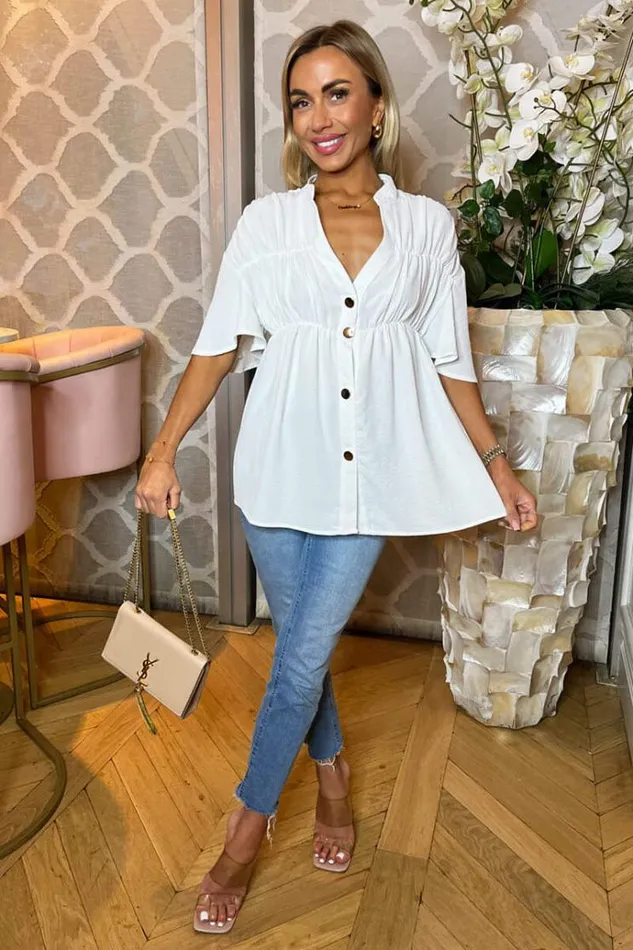 AX Paris Cream Button Up Ruched Detail Smock VNeck Top Women Tops