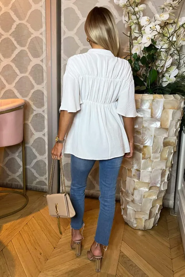 AX Paris Cream Button Up Ruched Detail Smock VNeck Top Women Tops