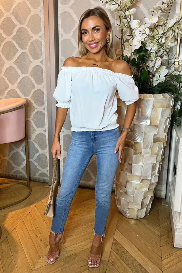 AX Paris Cream Elasticated Off The Shoulder Frill Detail Top Women Tops