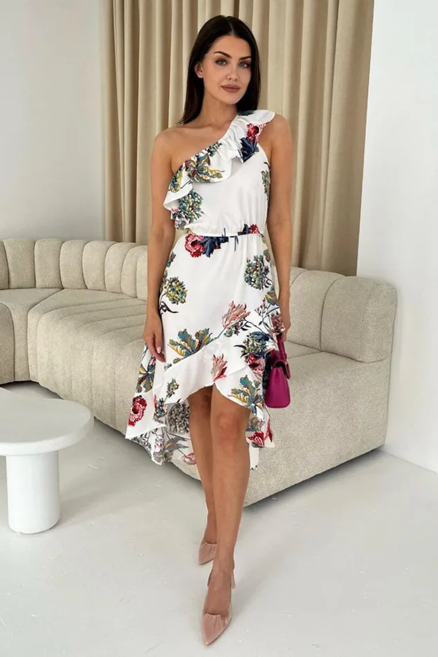 AX Paris Cream Floral One Shoulder Frill Detail Dipped Hem Dress Women Dresses