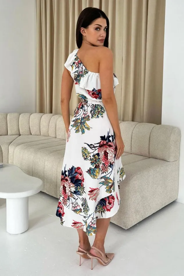 AX Paris Cream Floral One Shoulder Frill Detail Dipped Hem Dress Women Dresses
