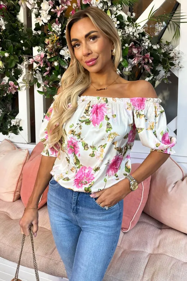 AX Paris Cream Floral Print Elasticated Off The Shoulder Frill Detail Top Women Tops AX Paris Cream Floral Print Elasticated Off The Shoulder Frill Detail Top Women Tops
