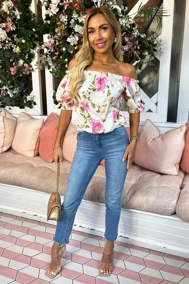 AX Paris Cream Floral Print Elasticated Off The Shoulder Frill Detail Top Women Tops