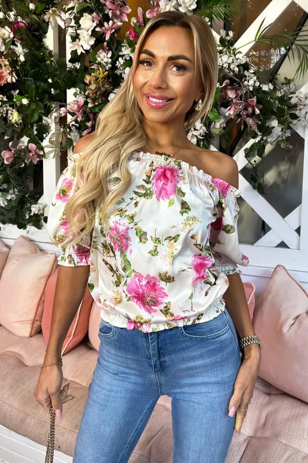 AX Paris Cream Floral Print Elasticated Off The Shoulder Frill Detail Top Women Tops