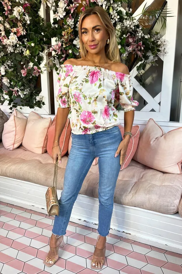 AX Paris Cream Floral Print Elasticated Off The Shoulder Frill Detail Top Women Tops