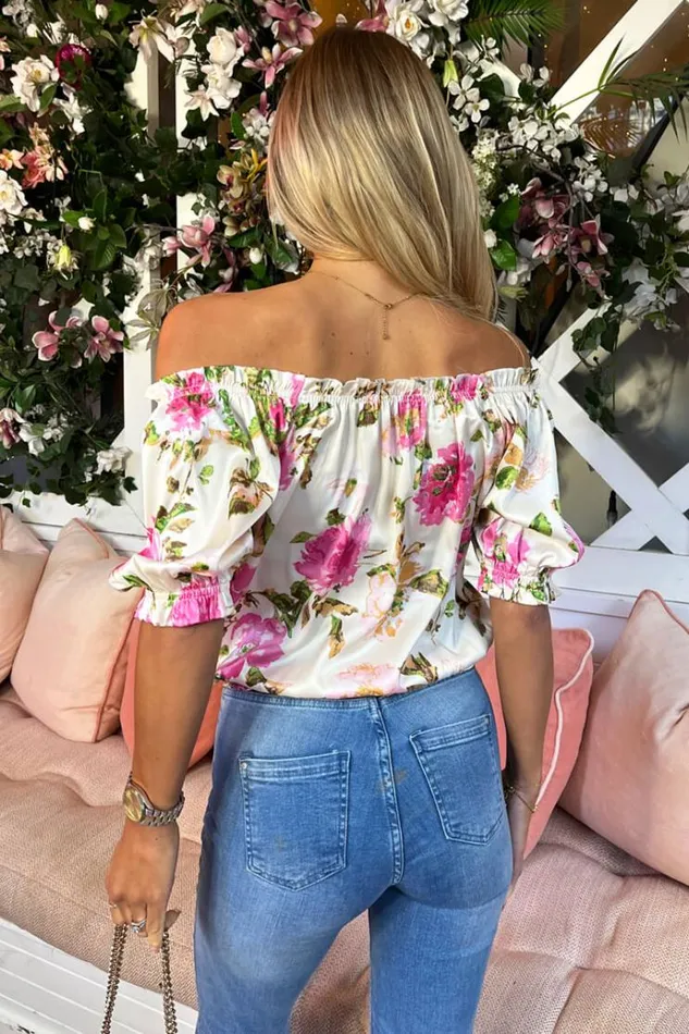 AX Paris Cream Floral Print Elasticated Off The Shoulder Frill Detail Top Women Tops