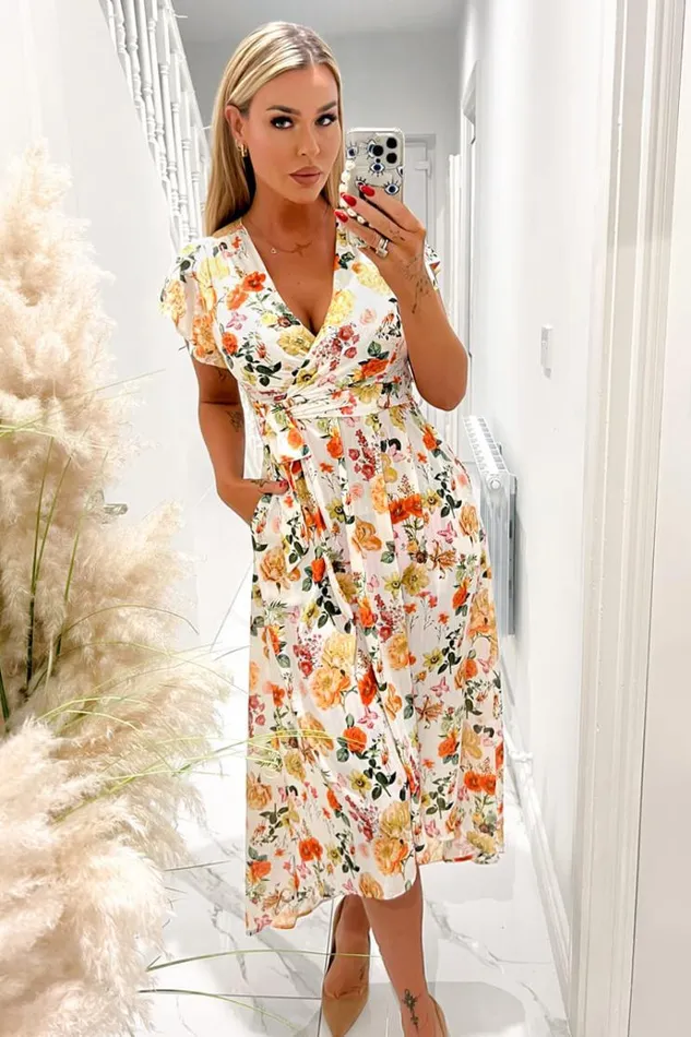 AX Paris Cream Floral Print Short Sleeve Belted Wrap Midi Dress Women Dresses AX Paris Cream Floral Print Short Sleeve Belted Wrap Midi Dress Women Dresses