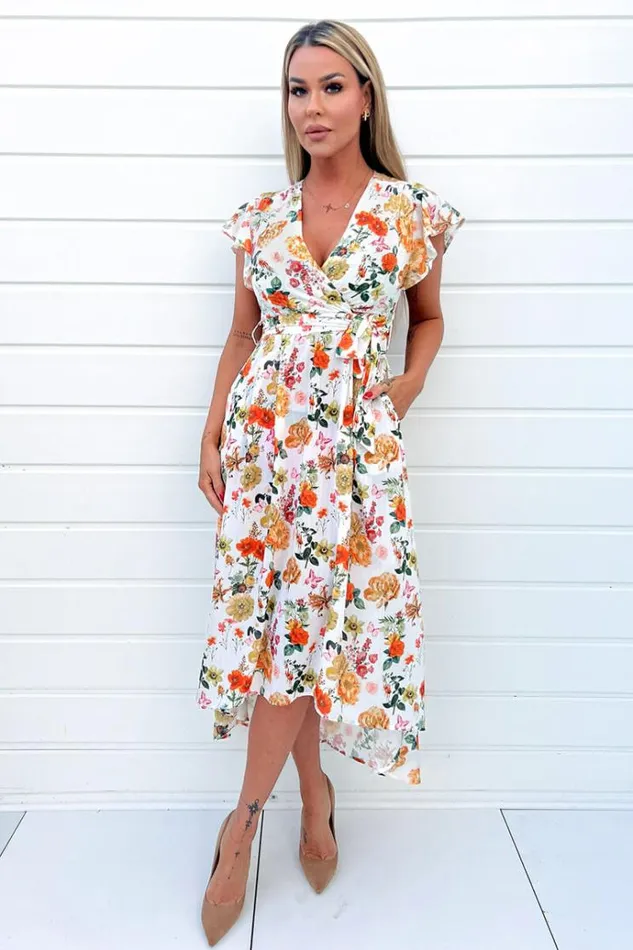 AX Paris Cream Floral Print Short Sleeve Belted Wrap Midi Dress Women Dresses