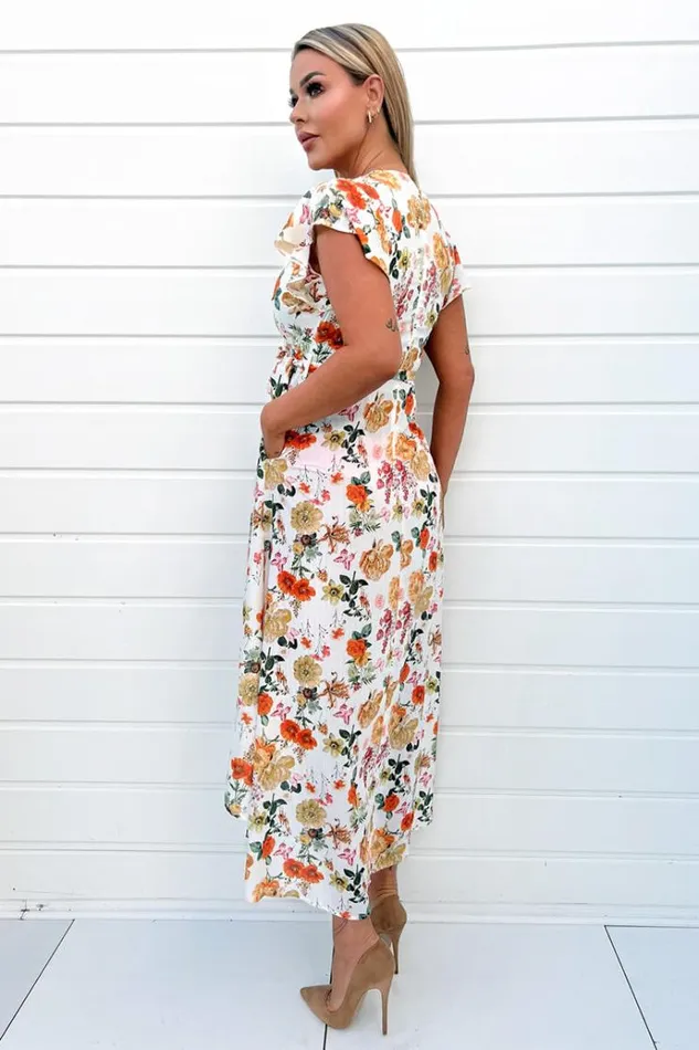 AX Paris Cream Floral Print Short Sleeve Belted Wrap Midi Dress Women Dresses