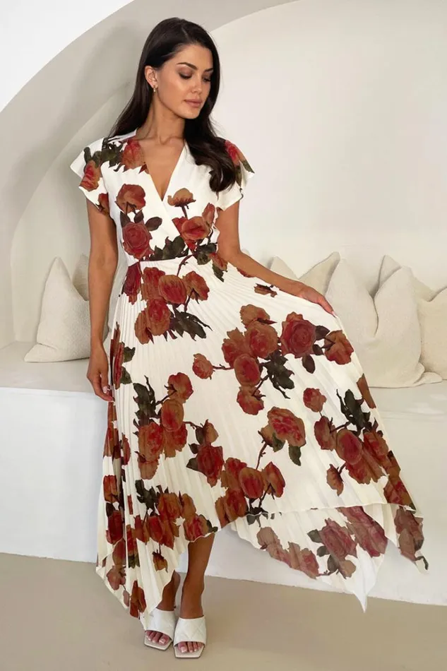 AX Paris Cream Floral Print Wrap Top Asymmetrical Hem Pleated Midi Dress Women Dresses