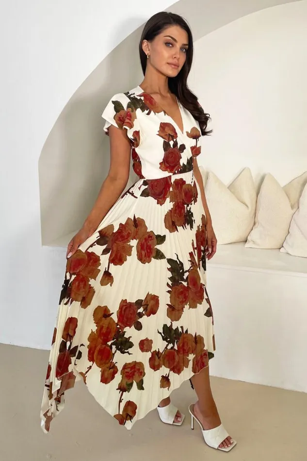 AX Paris Cream Floral Print Wrap Top Asymmetrical Hem Pleated Midi Dress Women Dresses