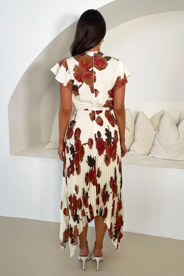 AX Paris Cream Floral Print Wrap Top Asymmetrical Hem Pleated Midi Dress Women Dresses