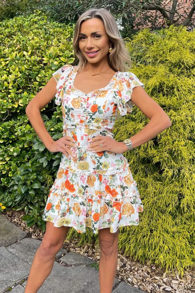 AX Paris Cream Floral Printed Cut Out Back Frill Mini Skater Dress Women Dresses AX Paris Cream Floral Printed Cut Out Back Frill Mini Skater Dress Women Dresses