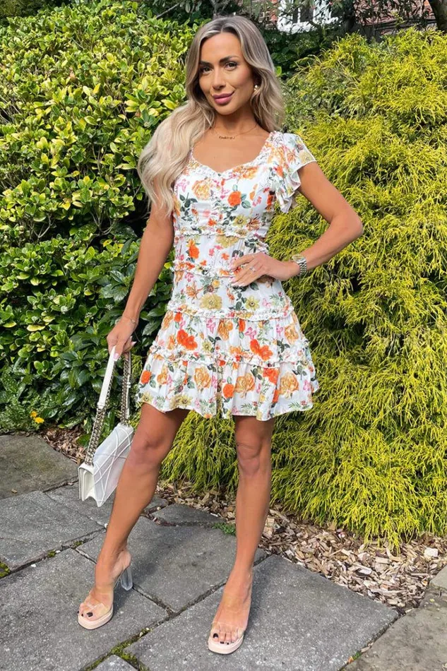 AX Paris Cream Floral Printed Cut Out Back Frill Mini Skater Dress Women Dresses
