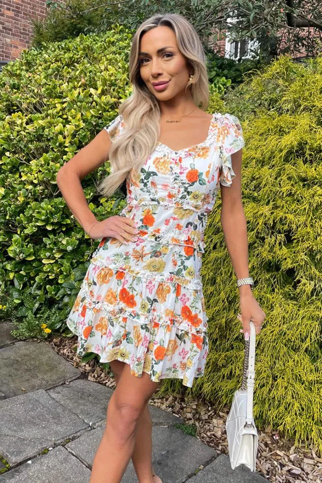 AX Paris Cream Floral Printed Cut Out Back Frill Mini Skater Dress Women Dresses