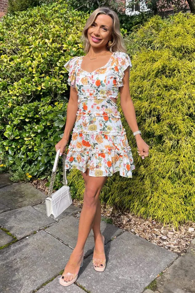 AX Paris Cream Floral Printed Cut Out Back Frill Mini Skater Dress Women Dresses