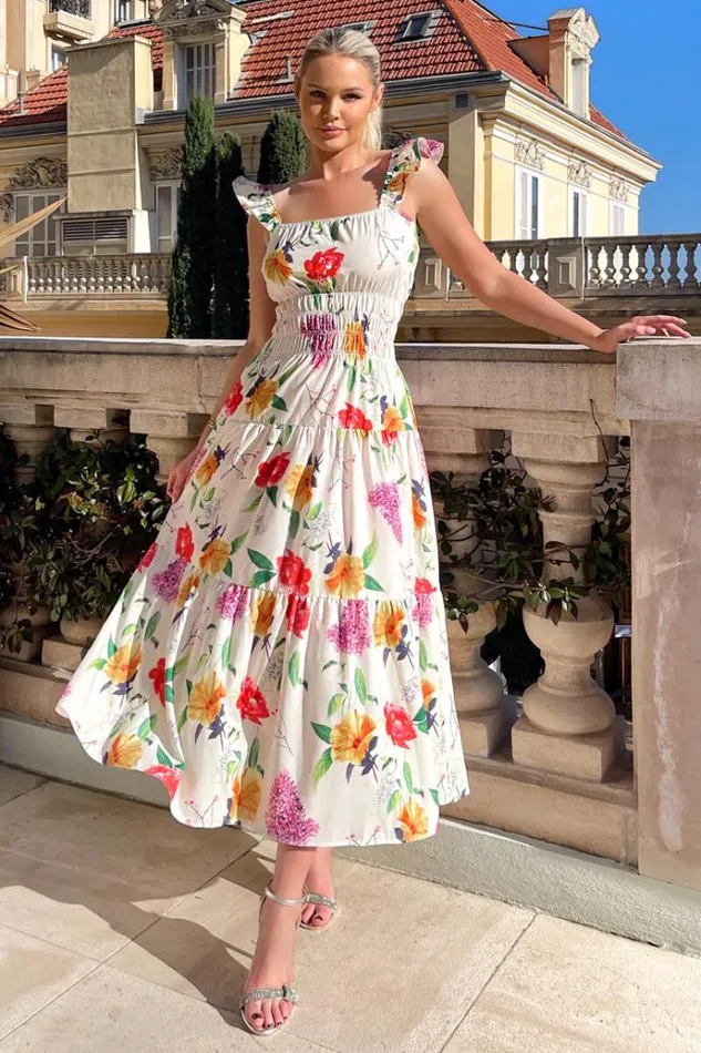 AX Paris Cream Floral Printed Frill Strap Midi Dress Women Dresses