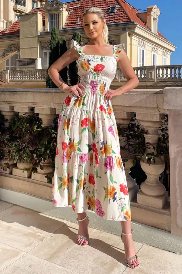 AX Paris Cream Floral Printed Frill Strap Midi Dress Women Dresses