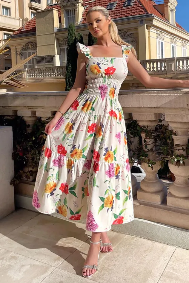 AX Paris Cream Floral Printed Frill Strap Midi Dress Women Dresses