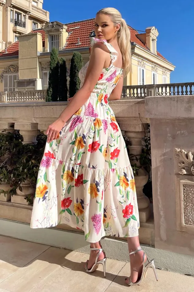 AX Paris Cream Floral Printed Frill Strap Midi Dress Women Dresses