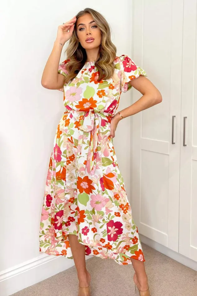AX Paris Cream Floral Printed Puff Sleeve Tie Waist Midi Dress Women Dresses