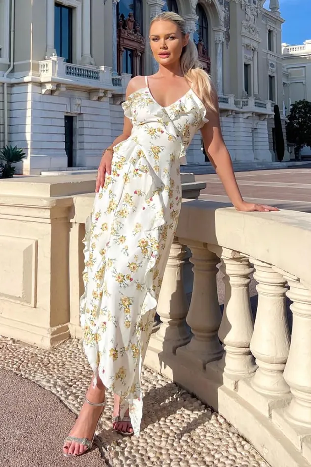 AX Paris Cream Floral Printed Strappy Frill Hem Midi Dress Women Dresses