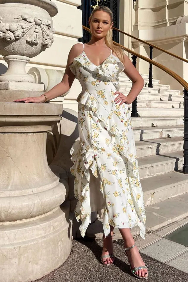 AX Paris Cream Floral Printed Strappy Frill Hem Midi Dress Women Dresses