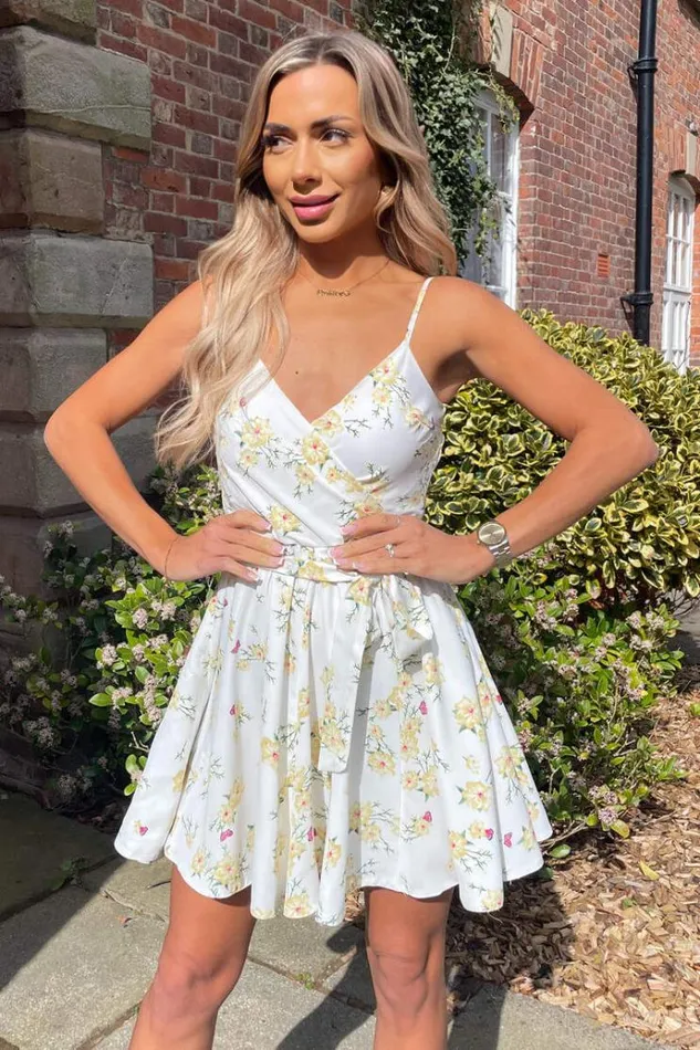 AX Paris Cream Floral Printed Strappy Wrap Top Belted Mini Dress Women Dresses AX Paris Cream Floral Printed Strappy Wrap Top Belted Mini Dress Women Dresses