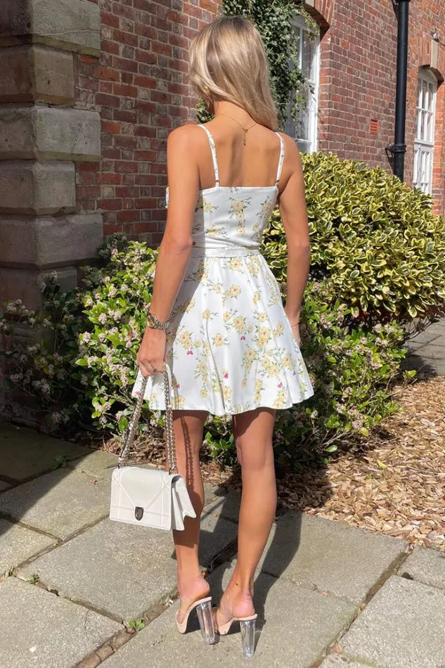 AX Paris Cream Floral Printed Strappy Wrap Top Belted Mini Dress Women Dresses