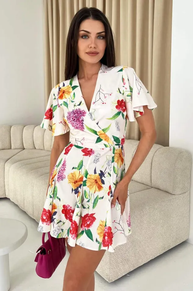 AX Paris Cream Floral Printed Wrap Top Skater Dress Women Dresses