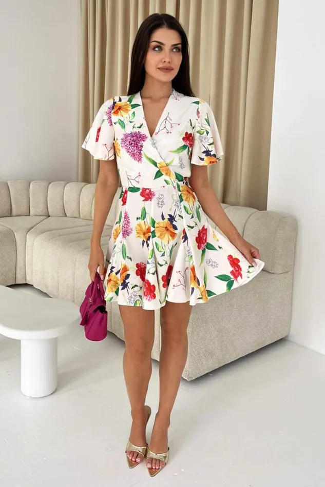AX Paris Cream Floral Printed Wrap Top Skater Dress Women Dresses